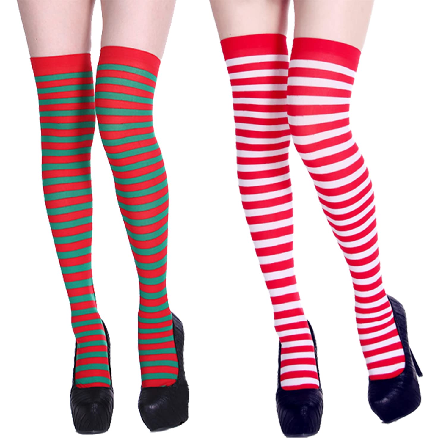 Lezevn 2 Pairs Christmas Stripe Tights - Women's Red, Green, White Fancy Dress Tights