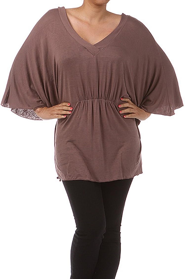 Essential Plus Size Solid Kimono Sleeve Loose V Neck Tunic With Cinched Elastic Waist (3XL 