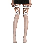Jremreo White Fishnet Thigh High Stockings with Bow, Women's Sexy Sheer Over the Knee Stockings, Stretchy Hollow Out Tights Pantyhose for Lingerie, Cosplay, Clubwear, One Size