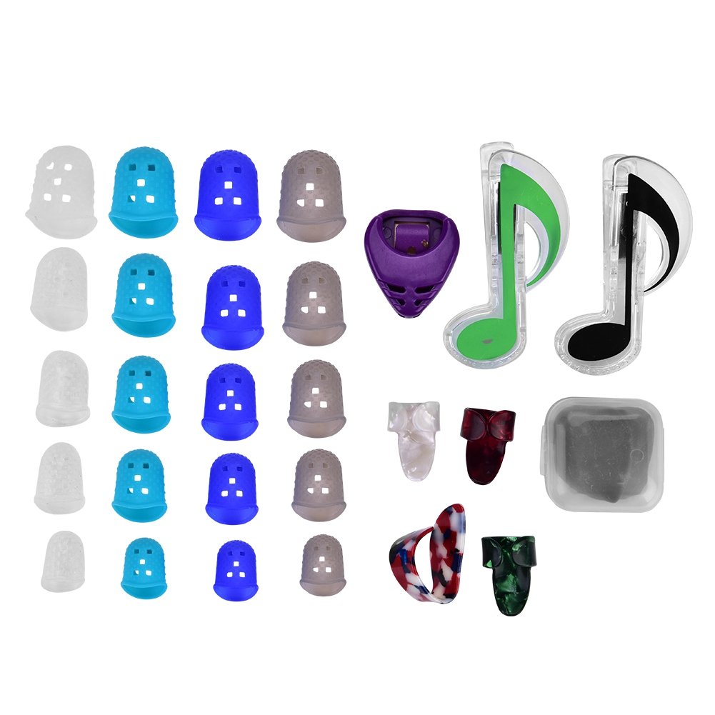 Guitar Finger Protectors 20 Silica Gel Fingertip Protector + 10 Finger Pick (Black) + 1 Finger Pick Clip + 4 Celluloid Finger Pick + 2 Music Book Page Clip + Plastic Box