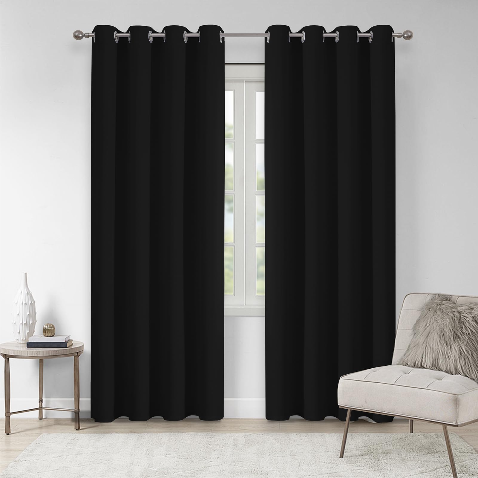 VEHEDE Blackout Thermal Curtains 72 Drop Pair for Living Room, Black Out Eyelet Curtains for Bedroom, Soundproof Curtain and Drapes for Window, W46 x L72 Inch, Black, 2 Panels