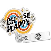 Sixrip Choose Happy Retractable Glitter Badge Reel with Alligator Clip, Funny Mental Health Badge Holder for Psychology Therapist Social Worker Teacher Volunteer Night Shift Nurse