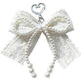 White Lace Pearl Bow Keychain Charms Pearl Beaded Keychain Accessories Heart Clasp Bowknot Key Chains Women Cute Keychains for Women Purse Charms for Handbags Car Key Chain Bag Charm Backpack Charm