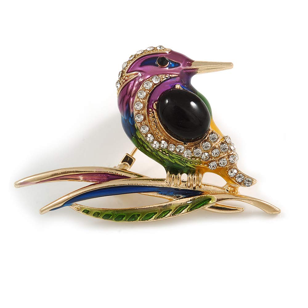 Multicoloured Enamel Crystal Bird Brooch In Gold Tone Metal - 45mm Across