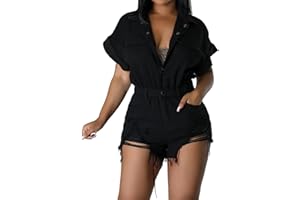 SXCLUB Denim Rompers for Women Sexy Short Sleeve Bodycon Short Pants Jeans Jumpsuits with Belt Pockets Botton Down