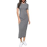 BeautyNee Women's Casual Short Sleeve Slim Pullover Maxi Hoodie Dress Sweatshirt Long Dresses with Pockets