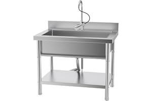 PurezmMoto Stainless Steel Sink Freestanding Single Bowl Utility Sink Includes Pull-Out Faucet, 39.37" x 23.6" x 31.5" for Garage, Laundry Room, and Commercial Use