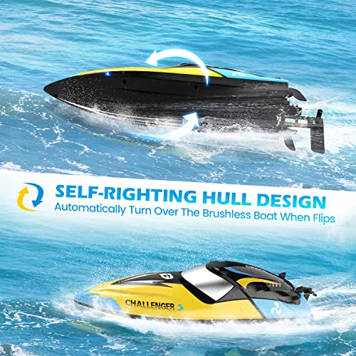 DEERC Fast Brushless RC Boat for Adults, 30+MPH 3S High Speed Remote Control Boat, Self-righting 2.4Ghz Speed Shark with LED Lights, Summer Toy Gift for Kids