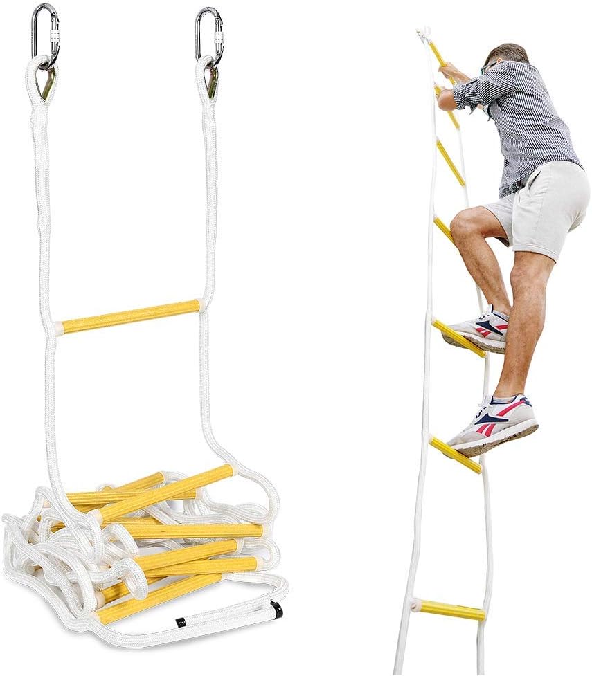 Two-Story Fire Escape Ladder 13 ft Flame Resistant Emergency Rope Ladder with Spring Hooks - Reusable - Weight Capacity up to 2000 Pounds (13ft) - - 