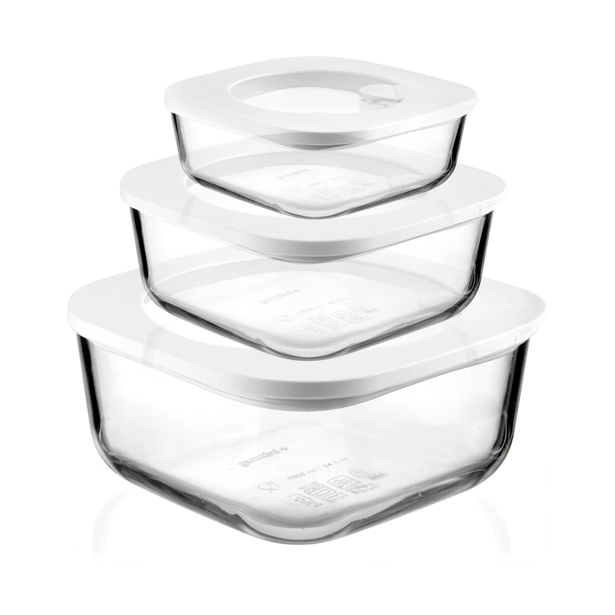 Guzzini - Kitchen Active Design, STORE&MORE GLASS Set of 3 Leak-proof Fridge/Freezer/Microwave Containers - Transparent, 19,5x19,5xh9,3 cm | 410/965/1900 cc - 11330311