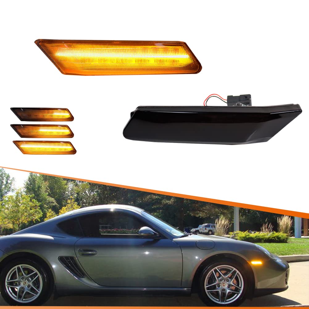 Photo 1 of ADIIL Smoked Lens Side Marker Light Kit for 2005-2012 Porsche 997 Cayman Boxster 987 2006-2012 Porsche Cayman Dynamic Sequential Amber LED Front Bumper Side Marker Lamps