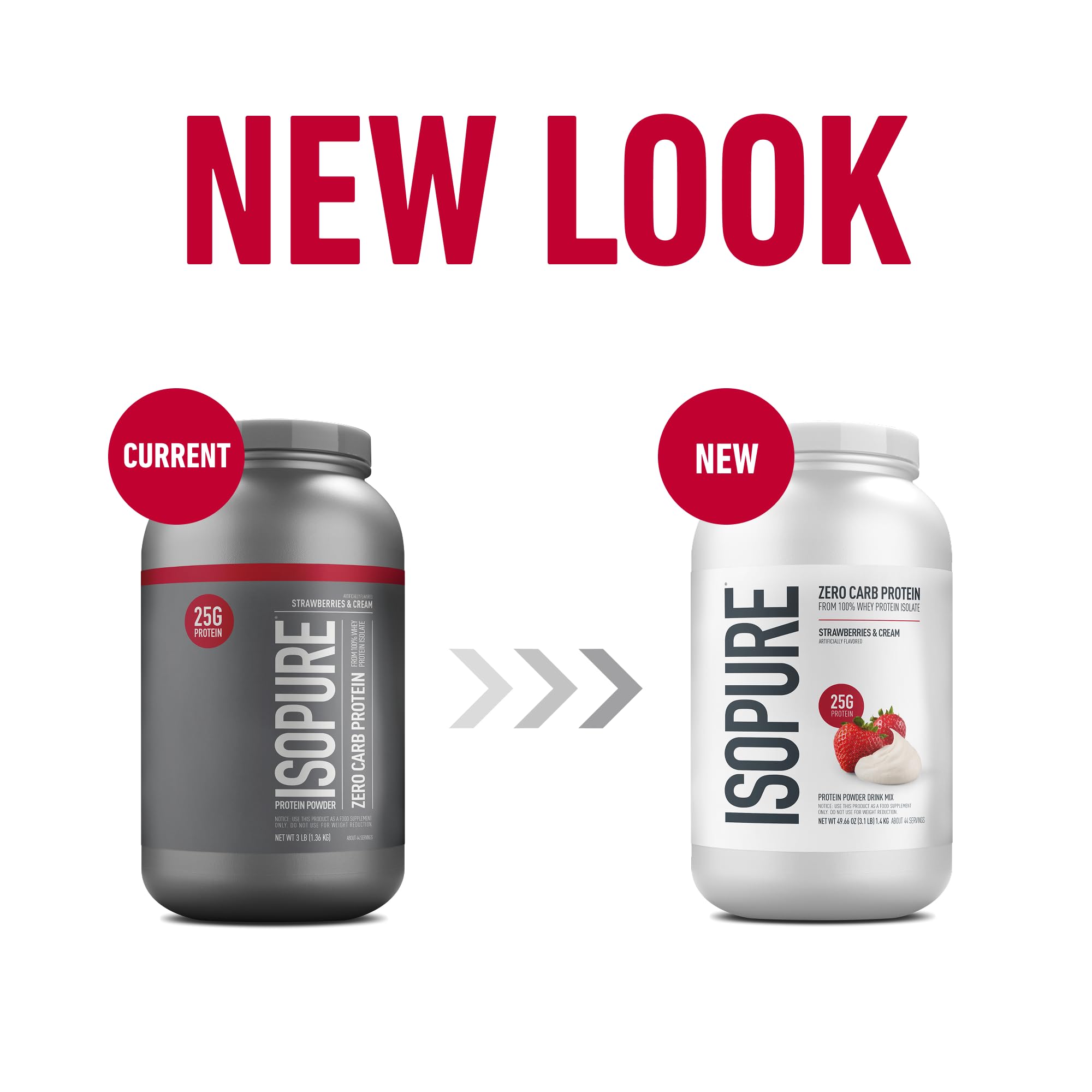 Isopure Zero Carb 100% Pure Whey Isolate Protein Powder, Lactose Free, Gluten Free, With Vitamins, Strawberries & Cream, 25g Protein Per Serving, 3 Lbs, 44 Servings (Packaging May Vary)