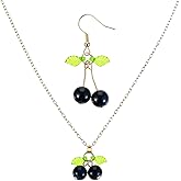 Xinjoduz Blueberry Cherry Earrings Necklace Lightweight Fruit Costume Jewelry Set for Women, Cute Fruits Dangle Drop Earring Necklaces Accessories for Christmas Party, Cosplay, Christmas