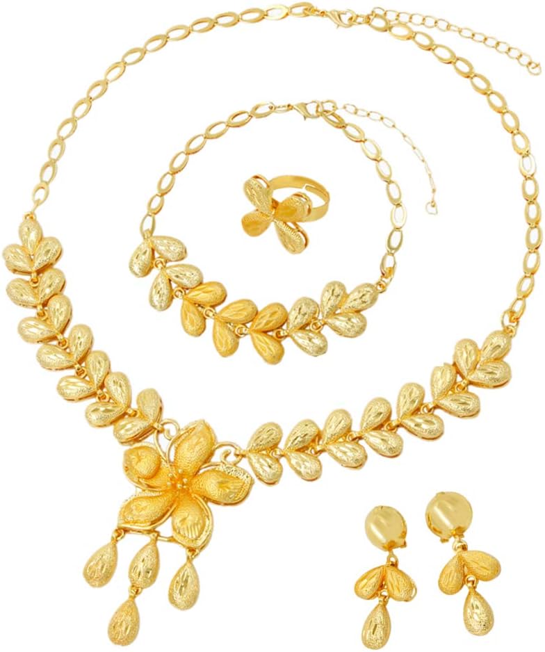 Gold Jewelry Set Dubai African Jewelry Sets for Women 24 K Hollow Golden Luxury Necklace Earrings Bracelet Ring Set for Lady Wife Mother