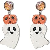 QLUYCKW Halloween Ghost Earrings Wooden Cute Smile Spirit Pumpkin Bowknot Book Lightweight Sparkly Stud Earrings for Women Cosplay Costumes Jewelry