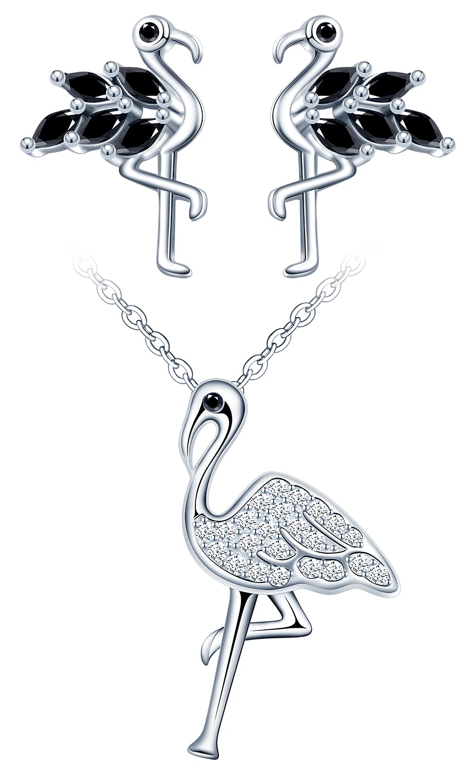 Yumilok 925 Sterling Silver Women Necklace Earrings Flamingo Jewellery Set with 3A Cubic Zirconia