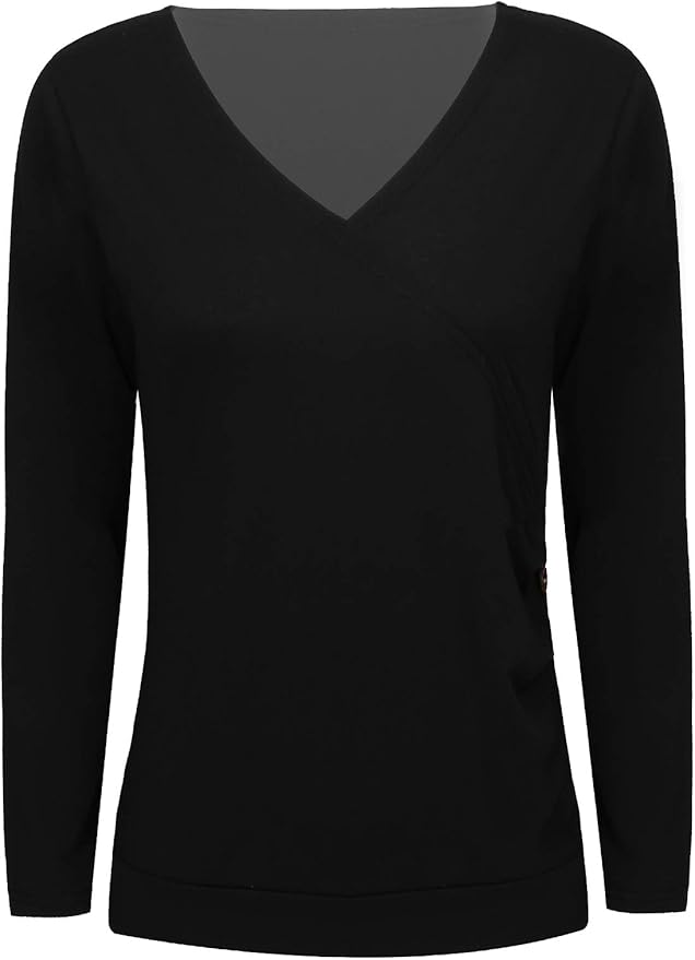 iiniim Women's Classic V Neck Cross Wrap Top Long Sleeve Unique Slim Fitted Shirts Blouse Tops 
