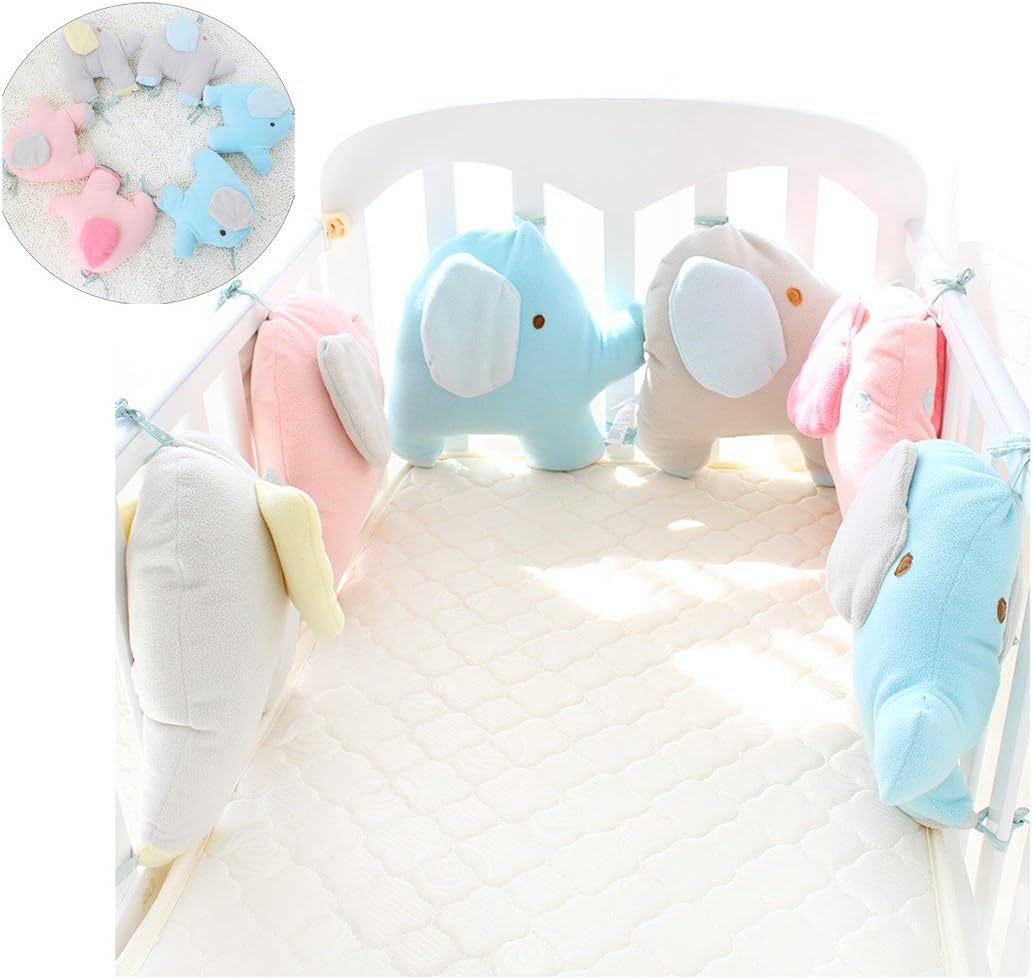 Baby Infant Crib Bumper Pads Bed Cotton Safety Rail Guard Breathable, Cradle Protector, Cot Sleep Bumper Pillow, Machine Washable, Plush Toy, Elephant Design, 6pcs Set