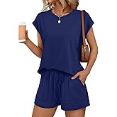 AUTOMET Womens Crew Neck Two Piece Short Sets Cap Sleeve Drawstring Summer Sweatsuit with Pocket