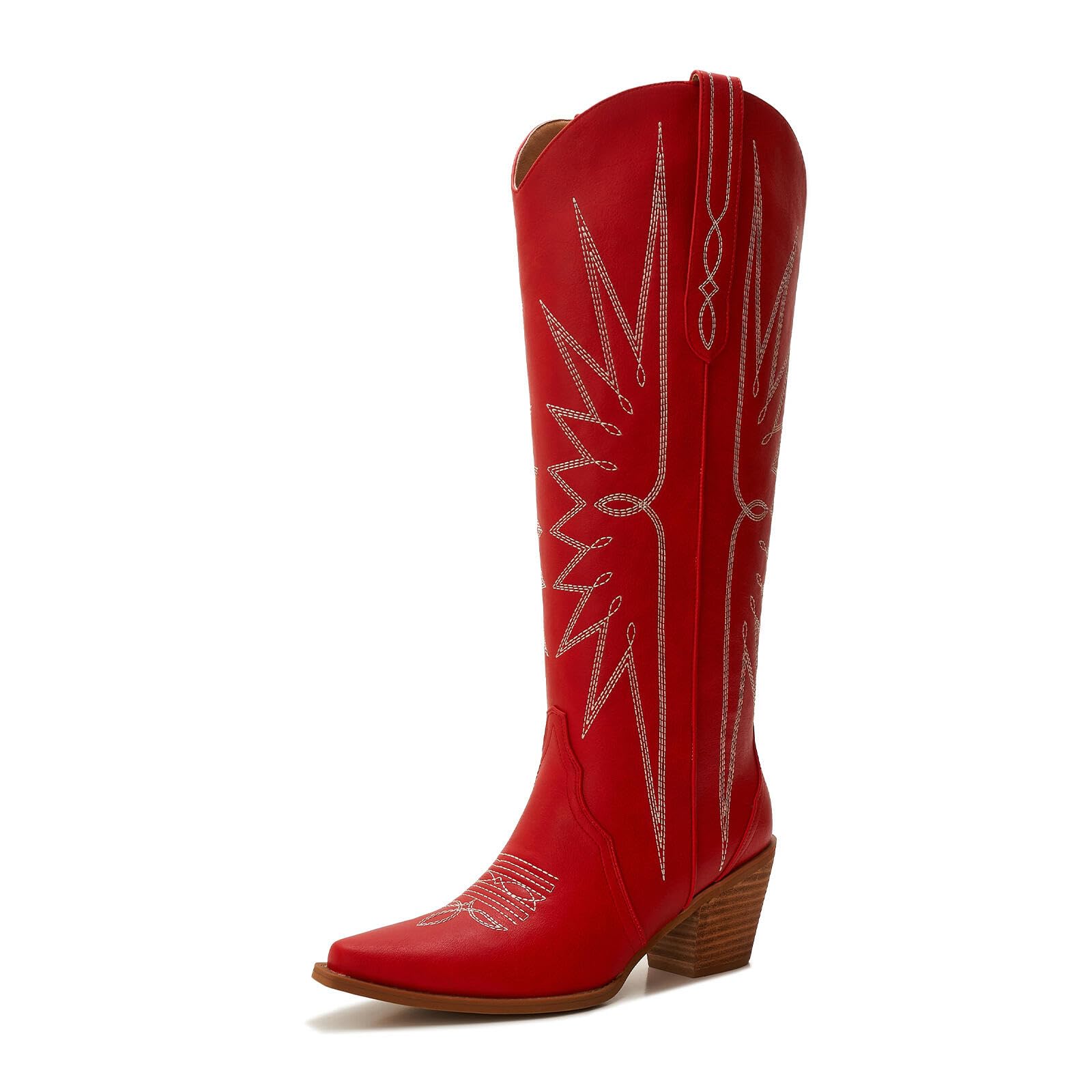 Photo 1 of Orlynx Red Wide Calf Cowboy Boots for Women – Western Knee High Cowgirl Boots, Snip Toe Pull-On Style, 3" Wood-Grain Block Heel, Classic Embroidered Pattern Size 8