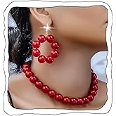 Bmirth Red Pearls Necklace Set Pearls Necklace and Earring Choker Necklace Pearls Jewelry Necklace for Women