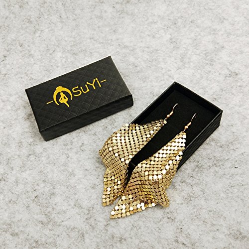 Suyi Trendy Women Earrings Metal Mesh Grid Sequins Tassel Long Drop Dangle Earrings Gold