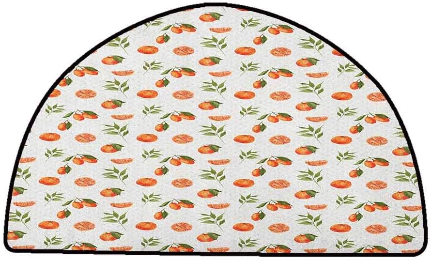 Non Slip Door Mat for Front Door Burnt Orange,Watercolor Orange and Tangerine Fruits with Leaves on Polka Dots, Burnt Orange Fern Green,W35 x L24 Half Round Modern Area Rug with Non-Skid