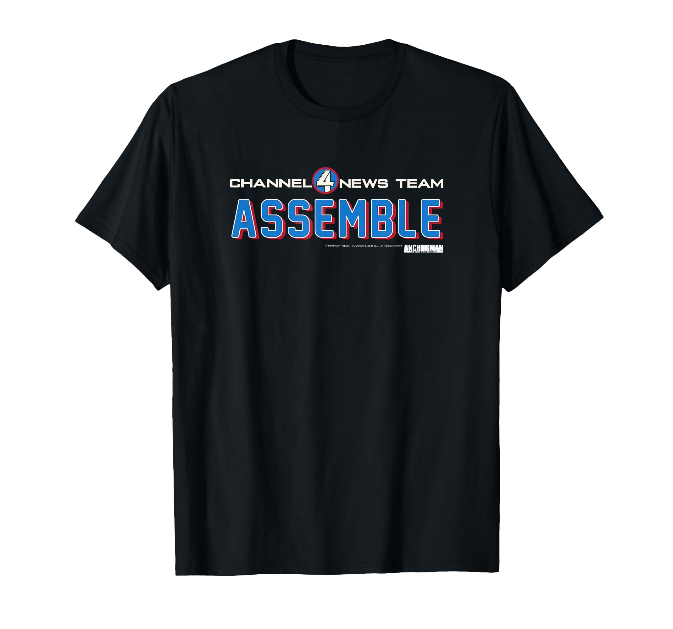 Anchorman Channel 4 New Team Assemble Blue T-Shirt, Men, Black, Large