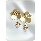 Gold Flower Dangle Earrings for Women – Statement Floral Drop Earrings with Pearl Accent, Lightweight Long Petal Design Jewelry for Party Gift