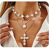 Gothic Gold Cross Necklace for Women,Layered Gold Pearl Chain Large Cross Statement Necklace Trendy Jewelry