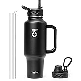 Trebo 40 oz Water Bottle Insulated Fit Car Cup Holder with Handle, Stainless Steel Water Bottles Tumbler with Spout Straw Lids, Double Wall Travel Reusable Flask, Leakproof Mug,Keep Cold &Hot,Black