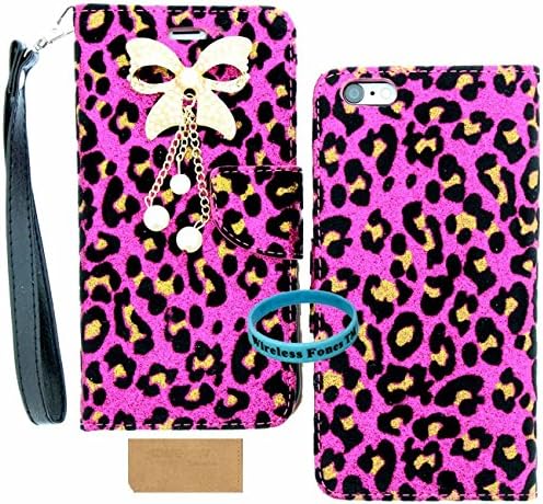 iPhone 6 Case, iPhone 6 4.7 Case, Wireless Fones TM Unique Wallet Hot Pink Leopard Glitter Bling With pearl Bow dangling Charm Case Cover for iPhone 6 4.7 inch with PU Leather and Card Slots/Wristlet