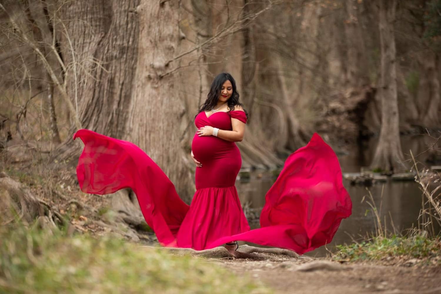 ZIUMUDY Maternity Off Shoulder Mermaid Chiffon Gown Maxi Photography Dress Baby Shower Photo Props Dress (Burgundy) at  Women’s Clothing store