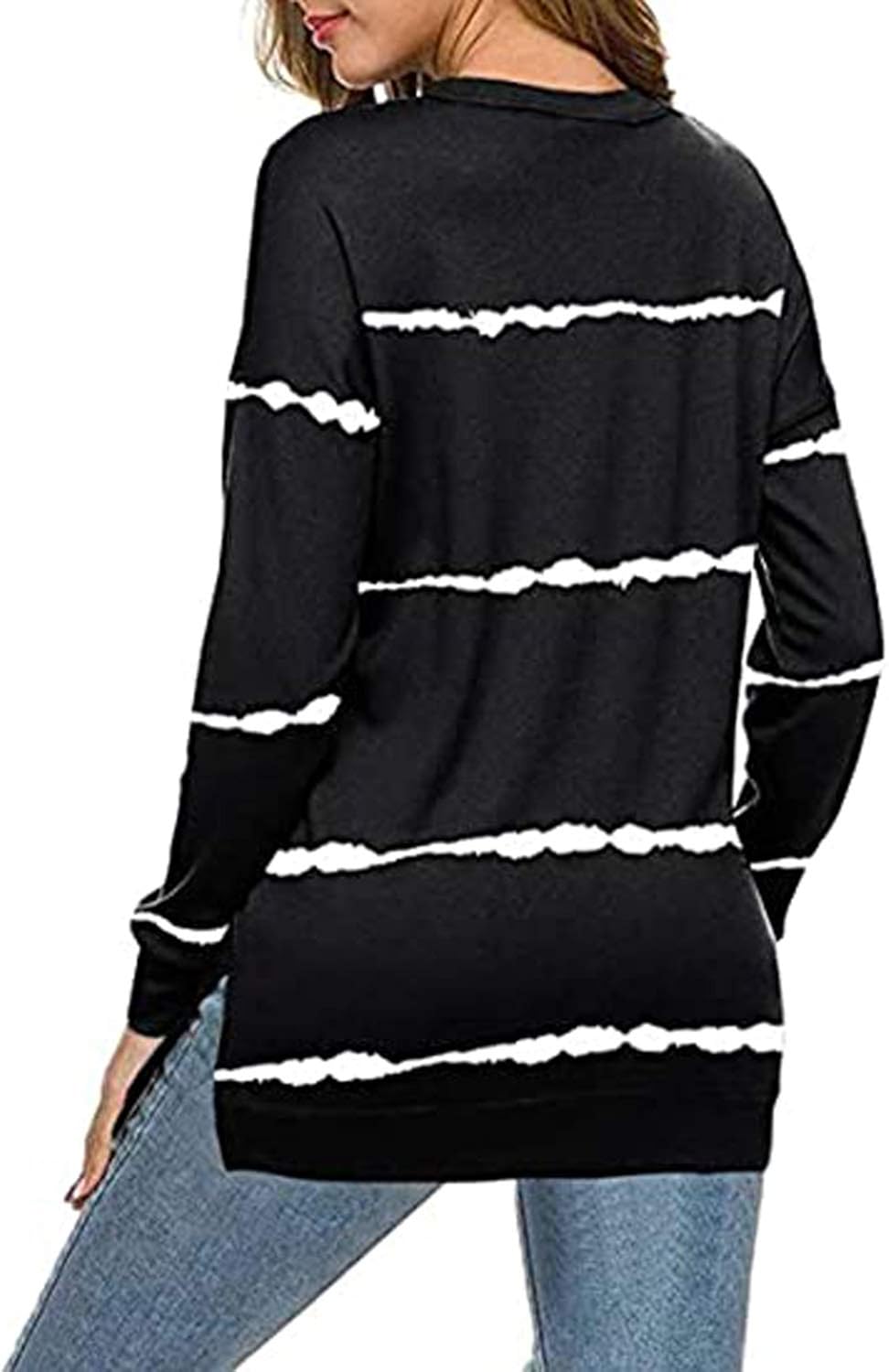 Biucly Womens Casual Crewneck Tie Dye Sweatshirt Striped Printed Loose Soft Long Sleeve Pullover Tops Shirts: Clothing