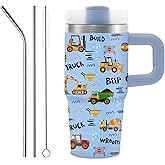 Construction Truck Tumbler with Handle for Boys 14 Oz, Insulated Stainless Steel Trucks Travel Tumbler Cup, Birthday Gifts for Boys, Kids, Back To School
