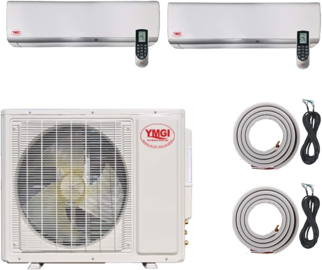 YMGI Two Zone Air Conditioner - 36000 BTU (18k+18k) 3 Ton 21 SEER Wall Mount Mini Split with Heat Pump 220V with 25 ft Installation Lineset