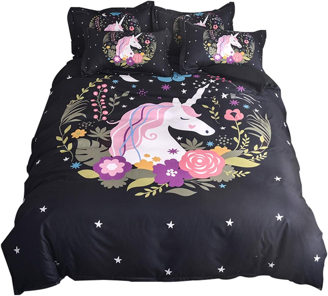 WINLIFE Unicorn Print Duvet Cover Set Black 3pcs