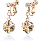 Cube Austrian Crystal Drop Clip On Dangle Earrings for Women Non Pierced 14K Rose Gold Plated Hypoallergenic Jewelry