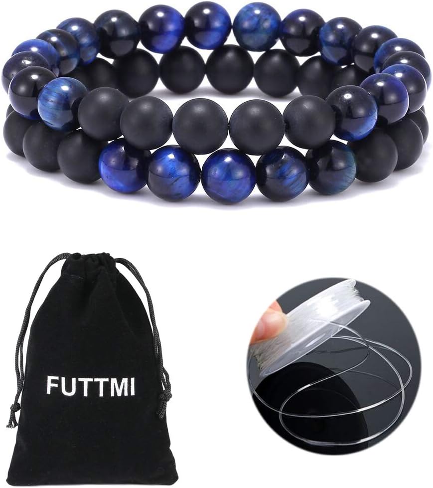 FUTTMI 8mm Tiger Eye Stone Beads Bracelet Elastic Natural Stone Yoga Bracelet for Men Women Couples