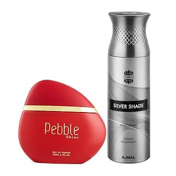 Maryaj Pebble Shine Eau De Parfum Floral Fruity Perfume 100ml for Women and Ajmal Silver Shade Homme Deodorant Citrus Woody Fragrance 200ml for Men + 2 Parfum Testers FREE