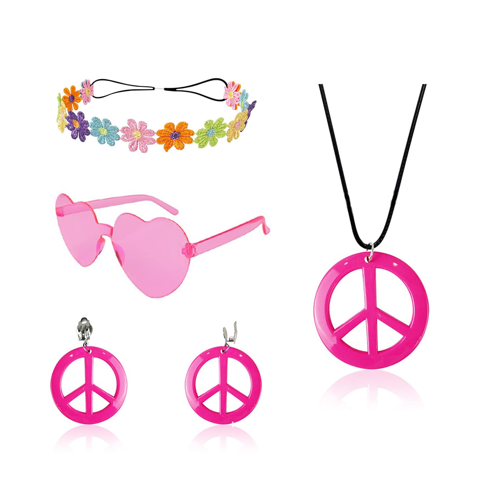 Pink Women's Hippy Costume Sets - 60s 70s Style Hippy Bohemian Headband Retro Vintage Glasses Peace Sign Costume Dress Up, 60s to 70s Hippy Hippy Fancy Dress Costumes Women's Disco Costumes