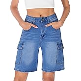 TOSATISFINE Jean Shorts for Women Trendy Stretchy High Waisted Denim Cargo Bermuda Shorts