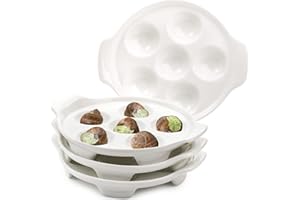 Okllen 4 Pack Ceramic Escargot Plates with 6 Holes and Handles, 6.5 Inch Seafood Snail Dish Footed Plates White Escargot Baki