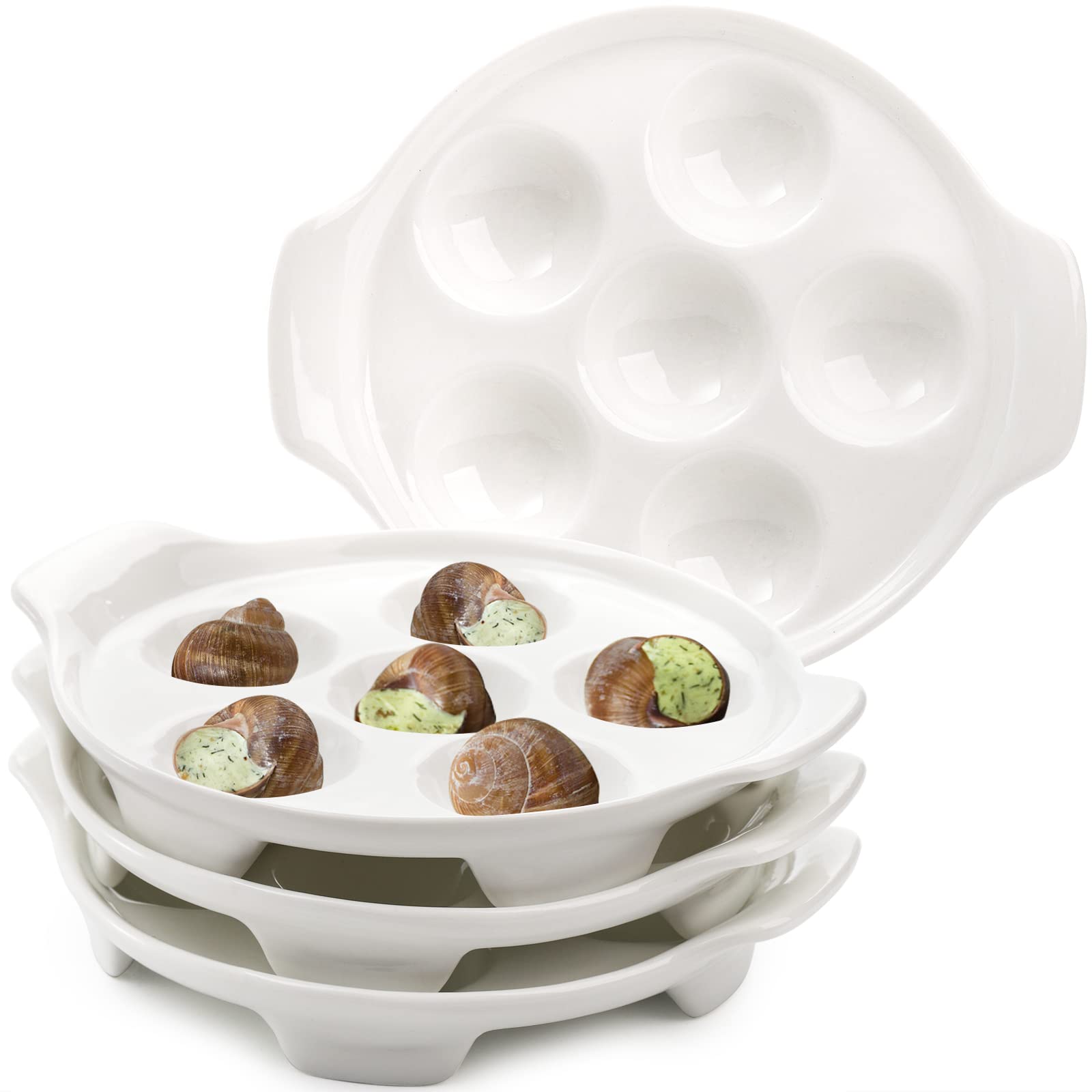 Photo 1 of Okllen 4 Pack Ceramic Escargot Plates with 6 Holes and Handles, 6.5 Inch Seafood Snail Dish Footed Plates White Escargot Baking Dish Barbecue for Home, Kitchen, Restaurant
