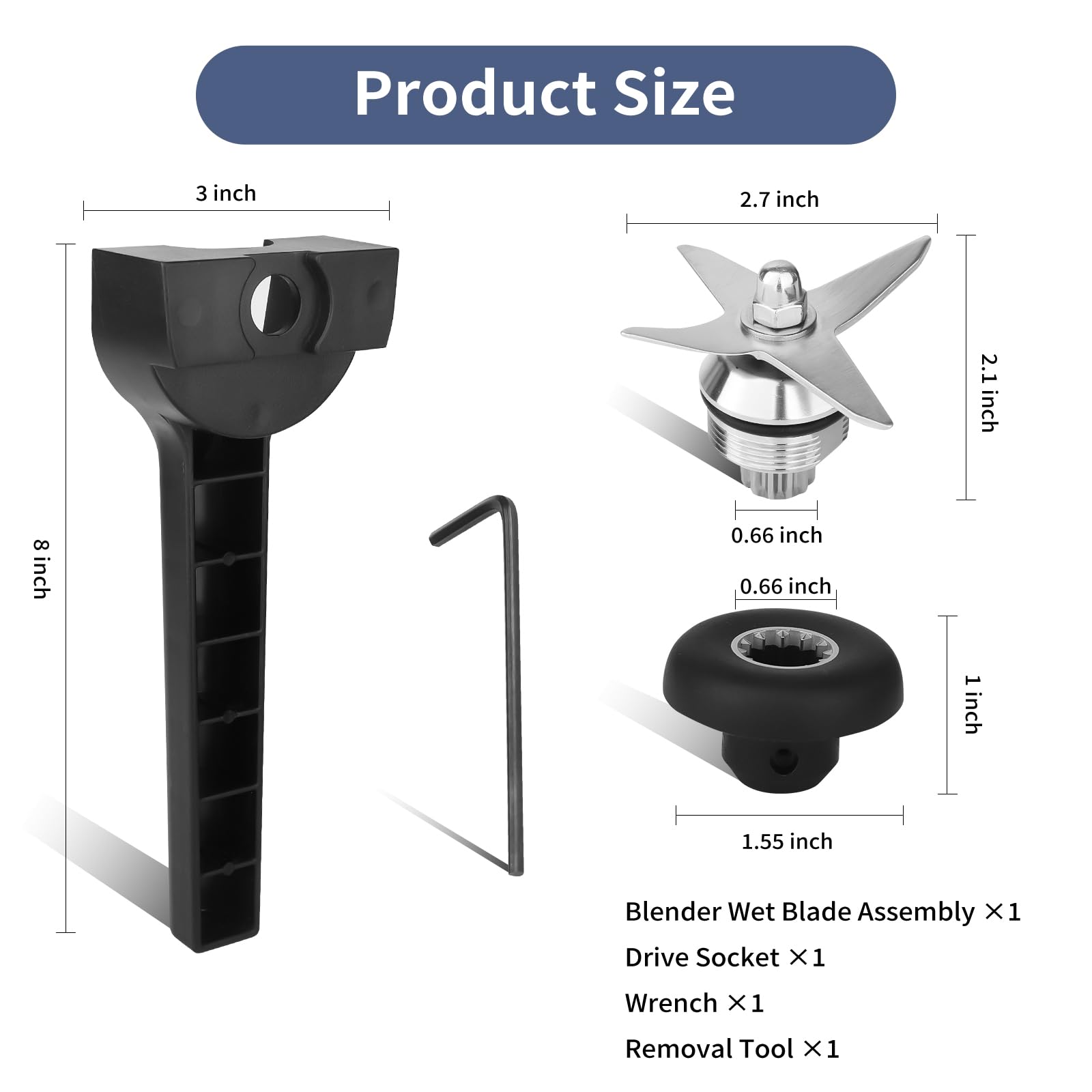 Compatible with vitamix Replacement Blade Parts with Wrench and Drive Socket Removal Tool Kit, 5200 5000 4500 5500 Blender Wet Blade Replacement, Fit for 64oz 48oz 32oz Classic Container -2 YR Support