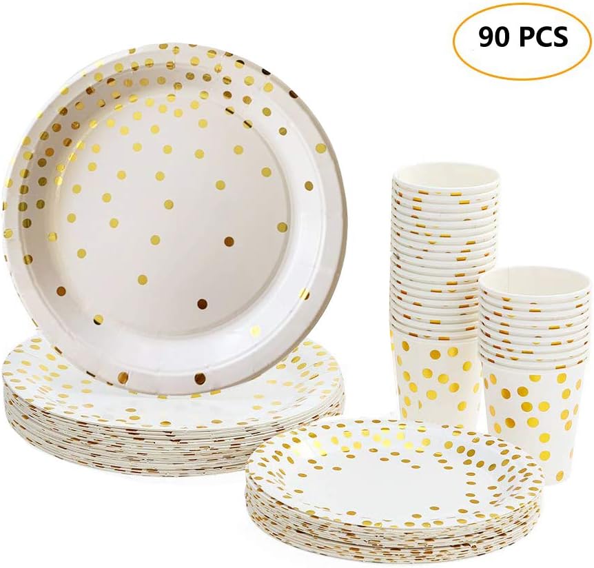 9oz Paper Cups + 7" Plates + 9" Plates Set of 90/180pcs Disposable Drinkware & Dishware with Golden Polka Dot Round Plates Beverage Cups Dinner Plates Dessert Plate (90 Pcs)