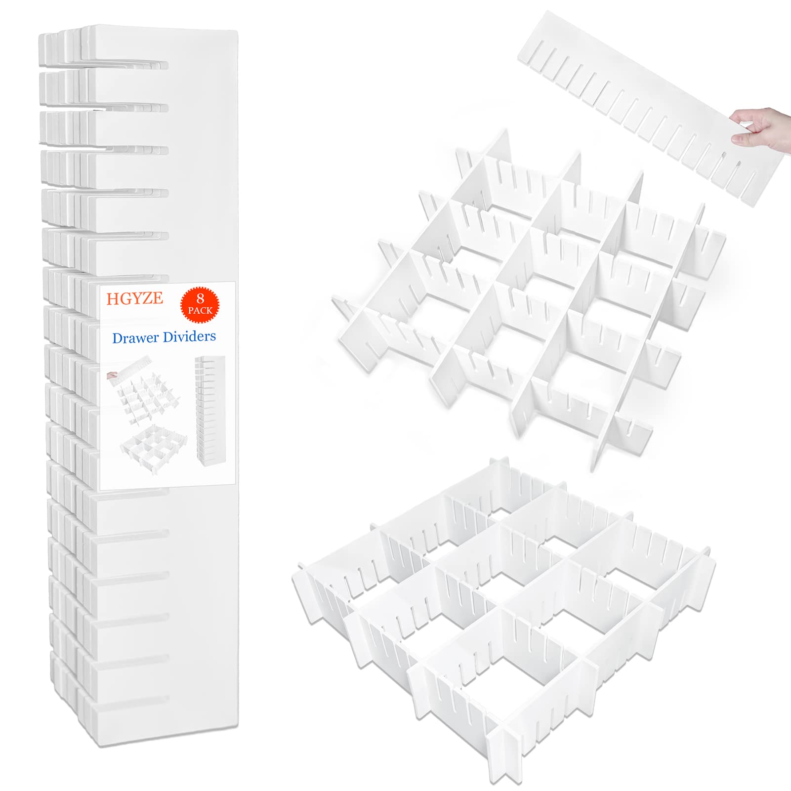 HGYZE Drawer Dividers,42x9cm Kitchen Drawer Organizer Set of 8 Adjustable Drawer Dividers Organizer Separator for Clothes Makeup Storage of Dresser, Desk & Dresser in Bathroom, Bedroom (White)