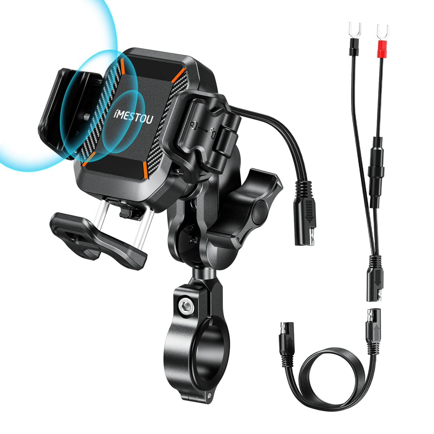 iMESTOU Wireless USB-C Mobile Phone Holder for Motorcycle, Vibration Dampening and Waterproof, 2.5 cm Ball Qi Mobile Phone Holder, Suitable for 4.7"-7.2" with Max 15mm Thick Mobile Phones, Fits 22