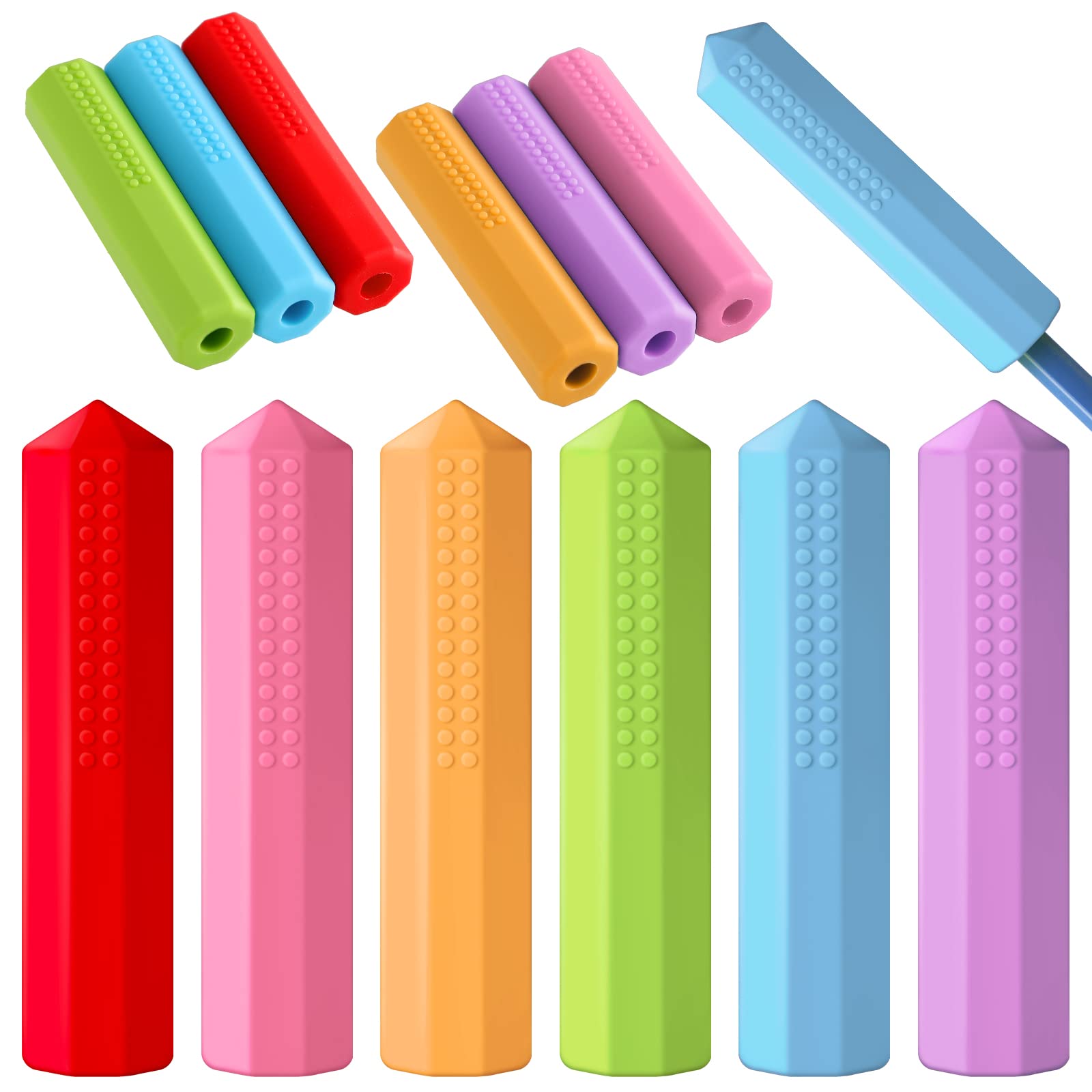 Photo 1 of Eersida 6 Pieces Sensory Chew Pencil Toppers Set Chewable Silicone Pencil Toppers Bulk for Chewers with Oral Motor Needs (Red, Pink, Orange, Purple, Blue, Green)