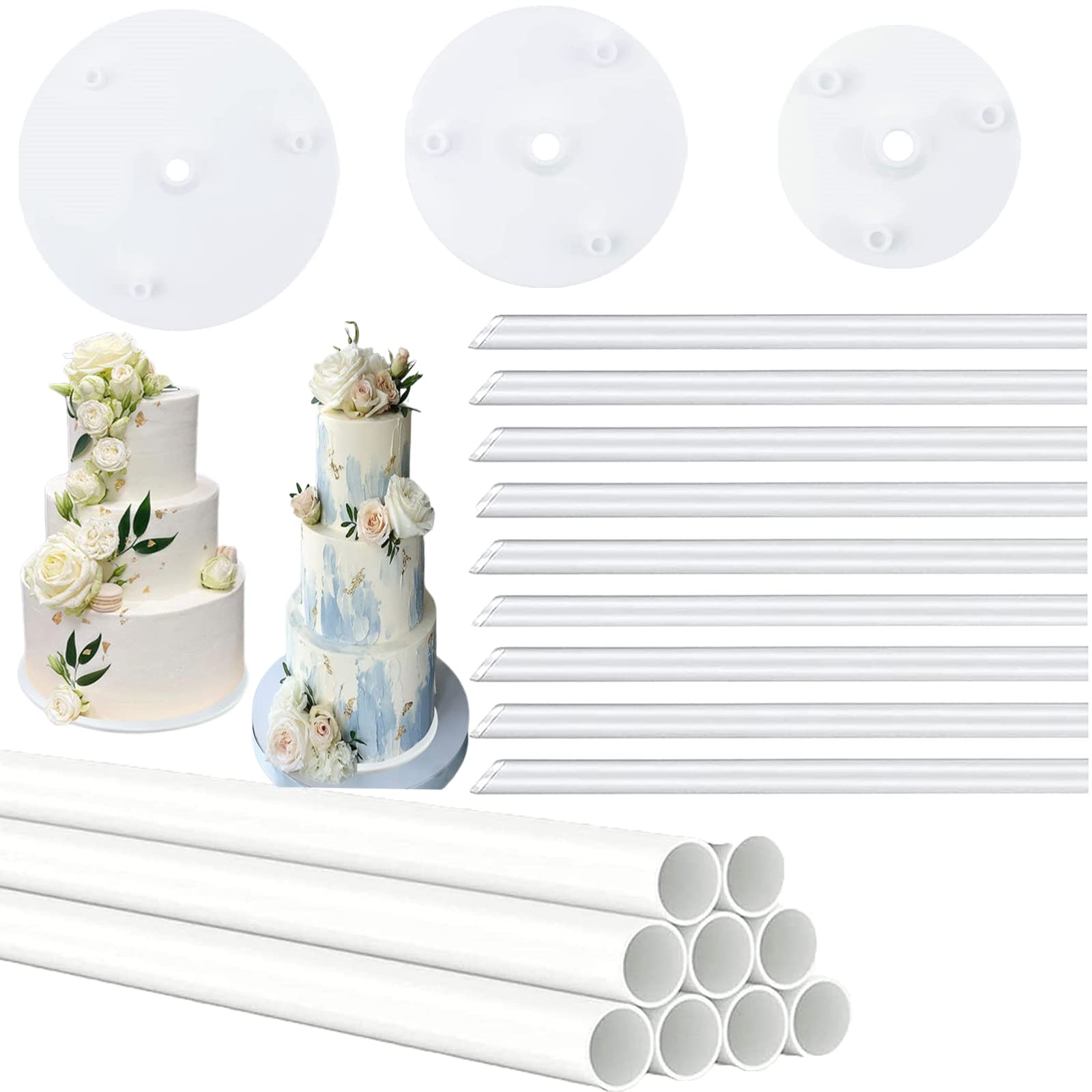 JCKD Cake Pin Rod Set, 18 Thickened Cake Pin Straw Plastic Cake Support Rod Reusable Cake Rack Rod with 3 Cake Plates for Layered Cake Construction and Stacking Support